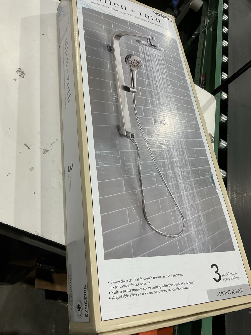 Condition photo showing As Is for missing parts allen + roth drexler nickel 7.87-in dual head shower panel system with 3-way diverter