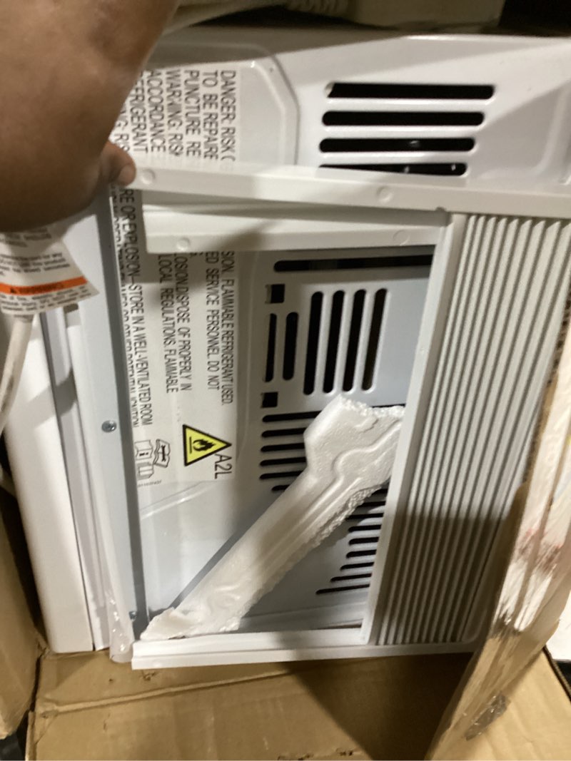 Condition photo showing As Is for ge window air conditioner unit, 5,000 btu for small rooms up to 150 sq ft. with manual adjustable fan and cooling settings, perfect for small bedroom or living room, easy install kit included, white new 5,000 btu mechanical controls white
