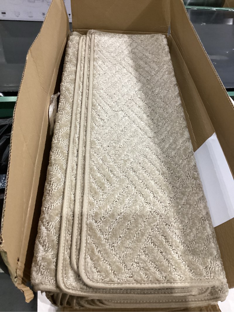 Condition photo showing New/Like New for bullnose carpet stair treads 14 pieces, 30"x9.5" carpet stair treads for wooden steps indoor with bullnose edge, reusable peel and stick non-slip carpet stair treads with nosing, beige stripe pattern 30"x9.5"x1.7" beige (stripe pattern) 14