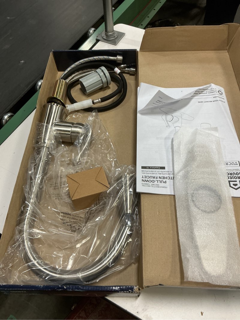 Condition photo showing As Is for Project Source Brushed Nickel 2-Handle Deck Mount Pull-Down Kitchen Faucet