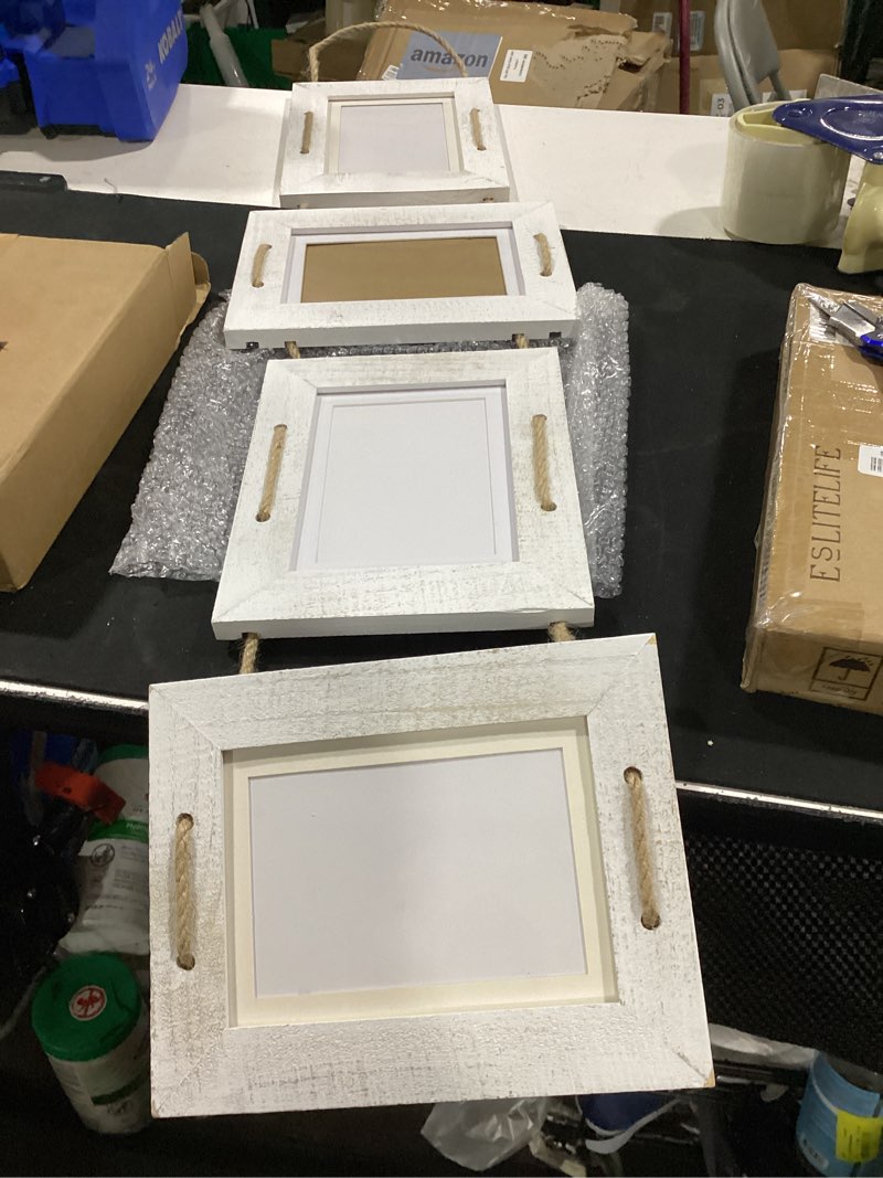 Condition photo showing As Is for 5x7 picture frames rustic solid wood hanging picture frames 4 opening photo frame display 4"x6" pictures with mat or 5"x7" without mat, rustic white rustic white 1 pack