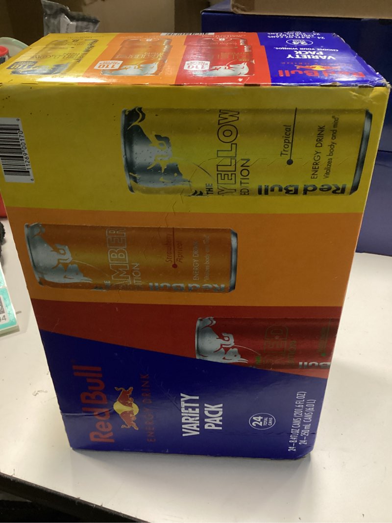 Condition photo showing New/Like New for Red Bull Energy Drink Variety Pack, Red Bull Red, Yellow, and Amber Edition and Energy Drinks, 8.4 Fl Oz, 24 pack Cans Variety 8.4 oz., 24pk, (1x24)