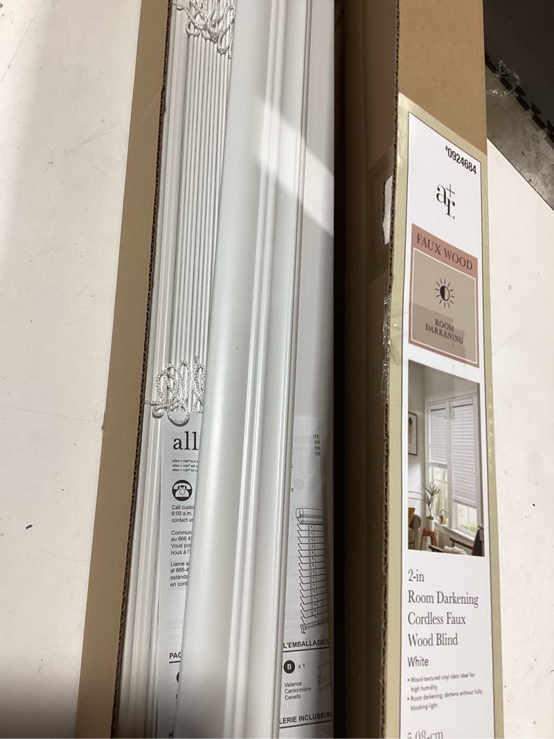 Condition photo showing As Is for allen + roth trim at home 2-in slat width 35-in x 48-in cordless white faux wood room darkening horizontal blinds