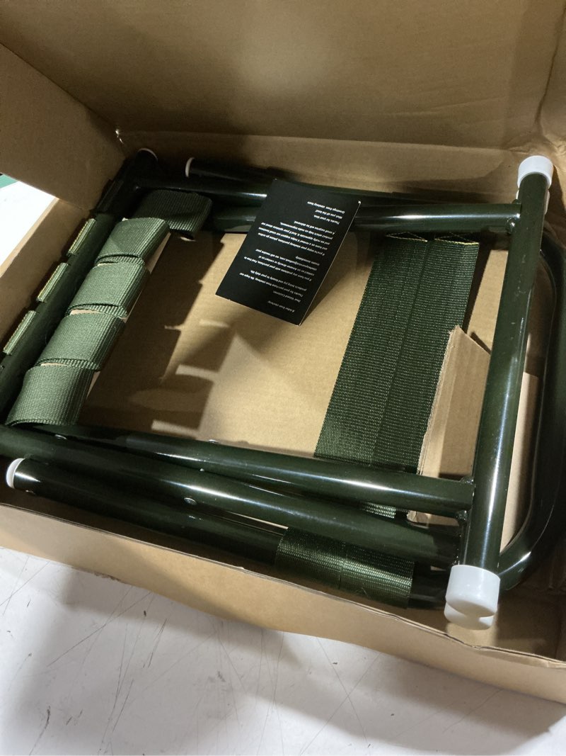 Condition photo showing As Is for portable camping chair, full steel frame folding stool with back, 400lbs capacity military green outdoor chair for adults, heavy-duty webbing seat, compact foldable design for hunting, fishing, hiking