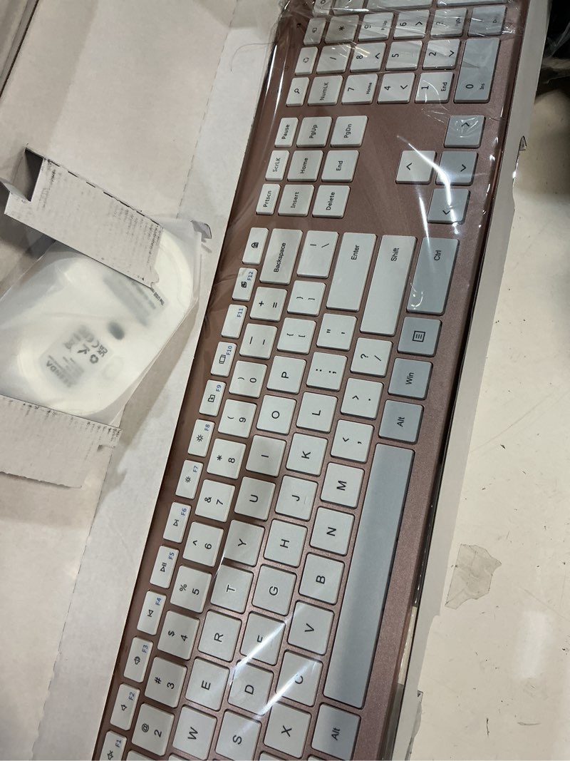 Condition photo showing Good Condition for wireless keyboard and mouse combo, full size slim thin cordless keyboard mouse with numeric keypad, quiet computer keyboard mice set 2.4g stable connection adjustable dpi (rose gold) rose gold & white