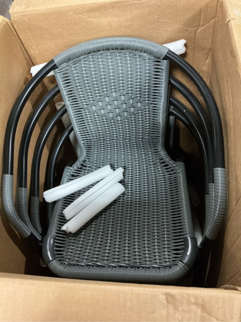 Condition photo showing New/Like New for flash furniture lila modern rattan indoor/outdoor stackable dining chairs, stacking rattan bistro chairs for patio or restaurant, set of 4, gray grey set of 4