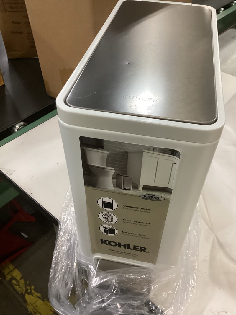 Condition photo showing New/Like New for Kohler 20957-STW 2.5 Gallon Slim Step Trash Can, Bathroom Trash Can with Soft-Close Foot Pedal, White with Stainless Steel 2.5 Gallon White Stainless Steel