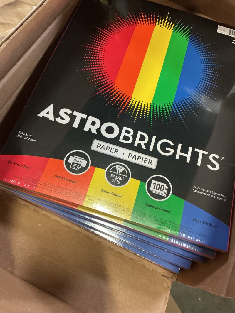 Condition photo showing New/Like New for astrobrights colored paper, 8.5" x 11" 24 lb/89 gsm, "primary" 5-color assortment, 5 individual packs of 100 assorted sheets - 500 sheets in total (22228)