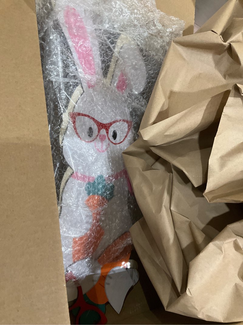 Condition photo showing As Is for yousoontic 2 pcs 22" h easter couple bunny porch decor outdoor large easter wooden bunny standing porch sign rustic farmhouse rabbit decor with glasses carrot egg for front door indoor outdoor yard
