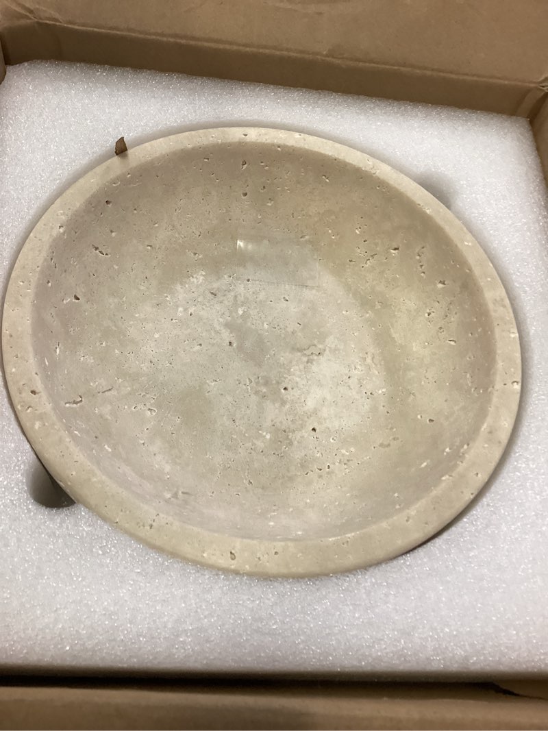 Condition photo showing Good Condition for beige travertine decorative bowl, 7.8" diameter x 2" height, handmade, perfect for entryway key bowl, fruit, kitchen counter, dining table centerpiece, office decor & coffee table