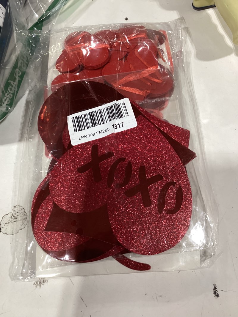 Condition photo showing New/Like New for valentine's day decorations kit with happy valentines day banner, cutouts swirls garland, honeycombs tissue poms for valentine's day party decorations home office wedding anniversary