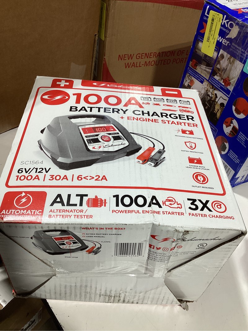 Condition photo showing As Is for schumacher electric 2/6/30/100-amp 6v/12v fully automatic battery charger