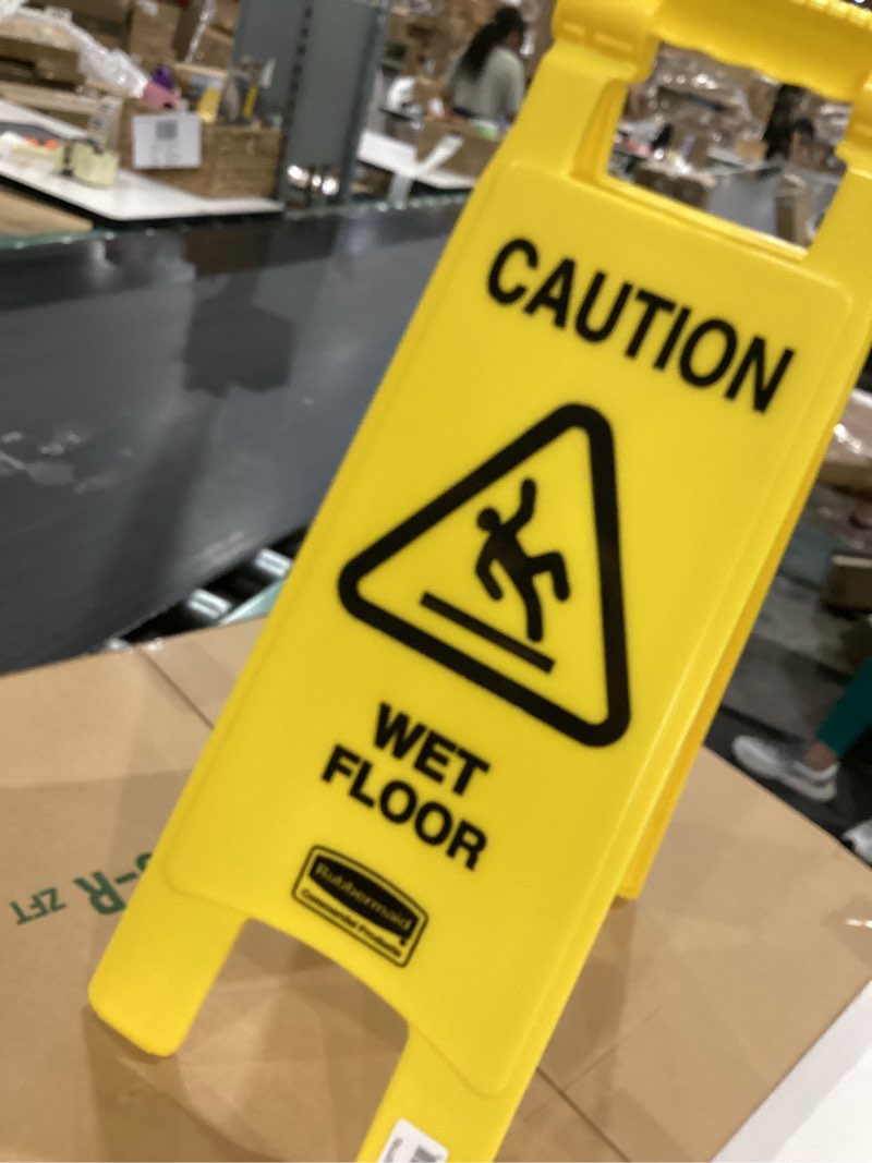 Condition photo showing Good Condition for rubbermaid commercial products collapsible bright "caution wet floor" industrial warning sign to prevent slip/fall for office/restroom/restaurant, 2-sided, 26 inch, yellow yellow 26x11 inches wet floor sign 2-sided