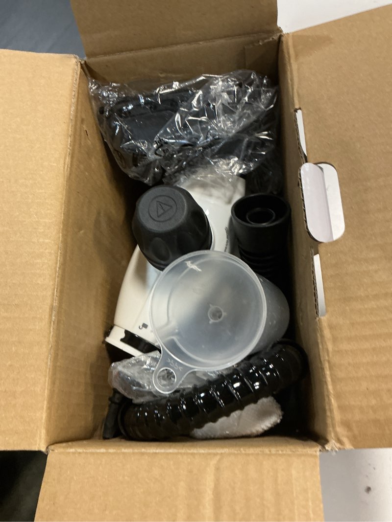 Condition photo showing As Is for labigo steam cleaner, pressurized handheld 13pcs multi-purpose natural deep cleaning steamer, portable steamer for cleaning home, grout, kitchen, car, window, upholstery, bathroom and clothes, white black&white