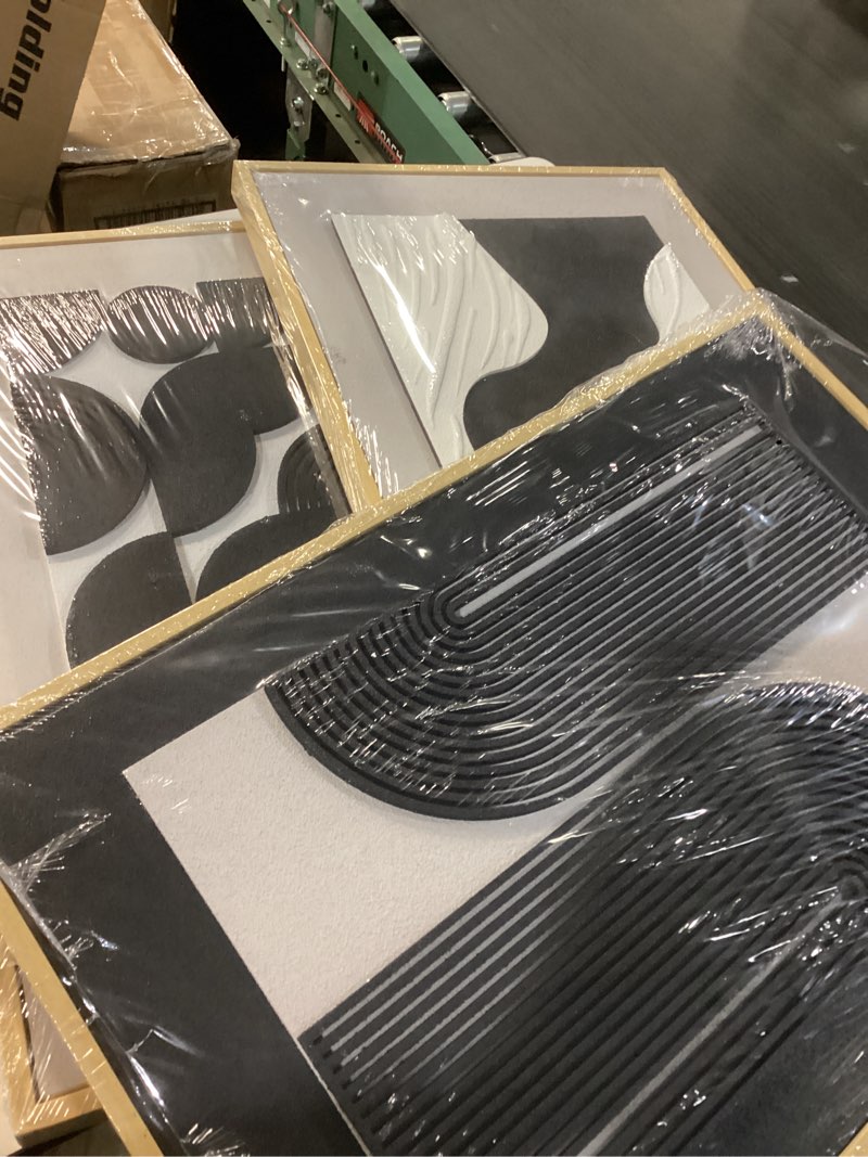 Condition photo showing Good Condition for 3D Textured Framed Organic Wall Art for Living Room, 3 Piece Modern Black and White Artwork, Mid Century Geometric Arch Line Relief Paintings for Office Dining Home Decor, 20x30 Inch 20x30 Inch (Set of 3) Organic Arch - Black & White