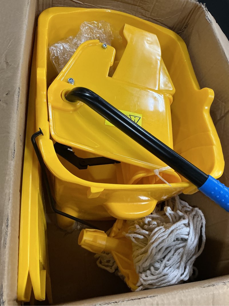 Condition photo showing Good Condition for simpli-magic side press wringer combo commercial mop bucket on wheels, 35 quart,yellow, including wet floor caution sign and set, polyethylene yellow bucket 35q capacity