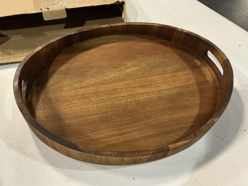 Condition photo showing Good Condition for acacia wood serving tray with handles - round decorative ottoman tray for coffee table, breakfast in bed, living room, kitchen counter, candle display, tea party, lunch, dinner, bathroom & home decor