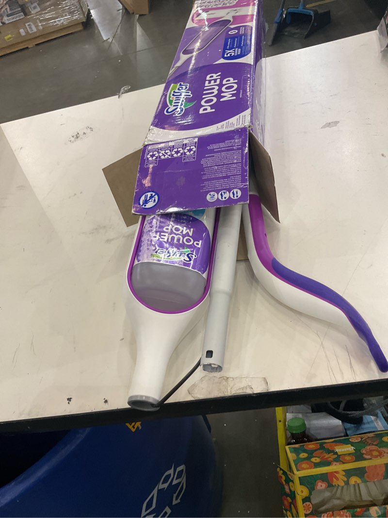 Condition photo showing As Is for Swiffer PowerMop Multi-Surface Mop Kit for Floor Cleaning, Includes PowerMop, 2 Mopping Pad Refills, 1 Cleaning Solution with Fresh Scent and 2 Batteries Purple and White