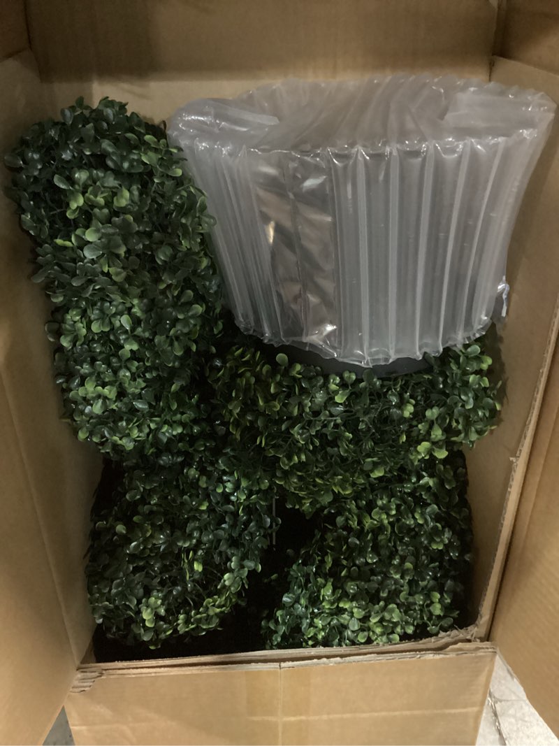 Condition photo showing New/Like New for artificial spiral topiary trees set of 2, 4ft faux boxwood topiary, uv resistant & fade resistant, year-round greenery for indoor outdoor home, porch, patio, garden decor