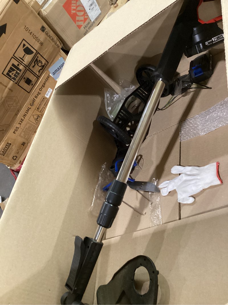 Condition photo showing As Is for electric weed wacker eater battery powered, cordless weed trimmer with 2 21v/2.0ah battery operated & charger & wheels & 5 types blades, no-string brush cutter/lawn edger/grass trimmer for garden yard