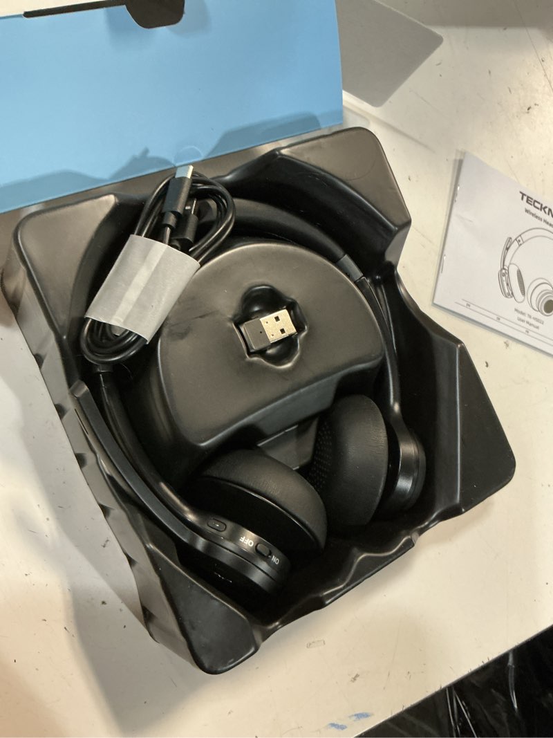 Condition photo showing New/Like New for tecknet wireless headset with usb dongle, bluetooth headset with ai noise cancelling mic - rechargeable bluetooth v5.2, 50h playtime & mic mute, on ear headphones for trucker/remote work/call center glossy black
