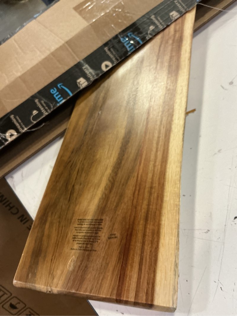 Condition photo showing As Is for picnic time artisan 30" acacia charcuterie board with raw wood edge, wooden cutting board with handle, all-purpose serving platter, decorative and reversible serving plank (acacia wood) 30"l x 8"w