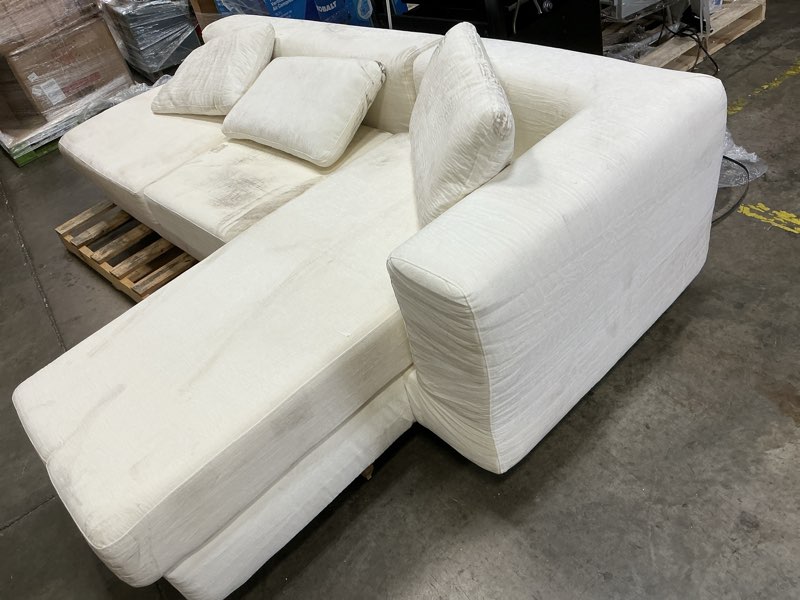 Condition photo showing As Is for christopher knight home 113" l-shaped modular sectional sofa with double layer cushions, 4 seats, beige
