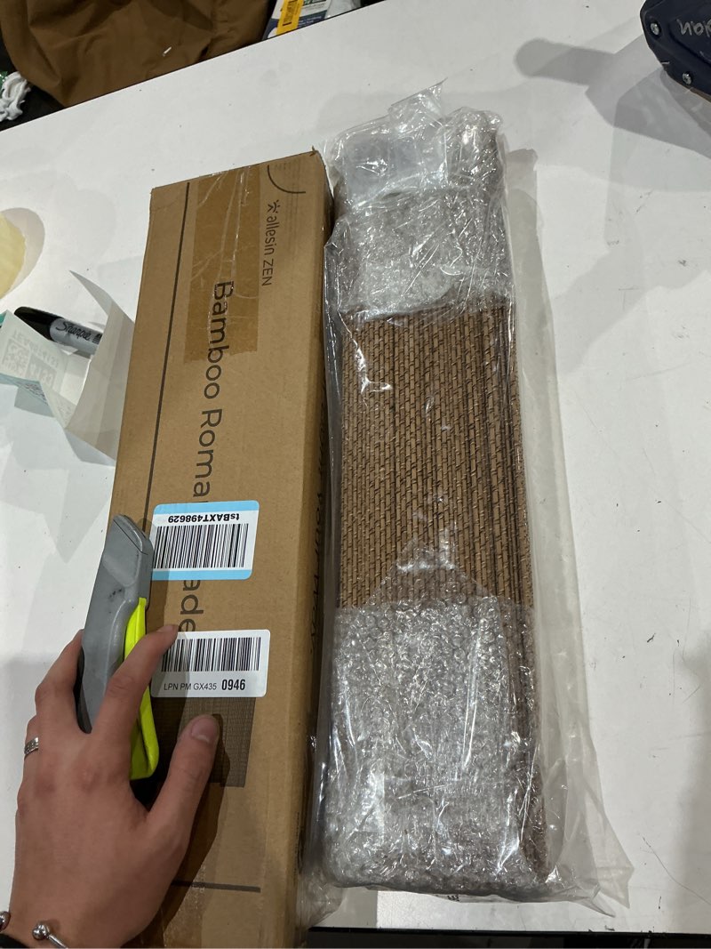 Condition photo showing New/Like New for allesin zen no drill cordless bamboo roman shade, light filtering brown woven window blinds, eco-friendly roll up shade for living room kitchen, 20" w x 64" h, brown brown 20"w x 64"h