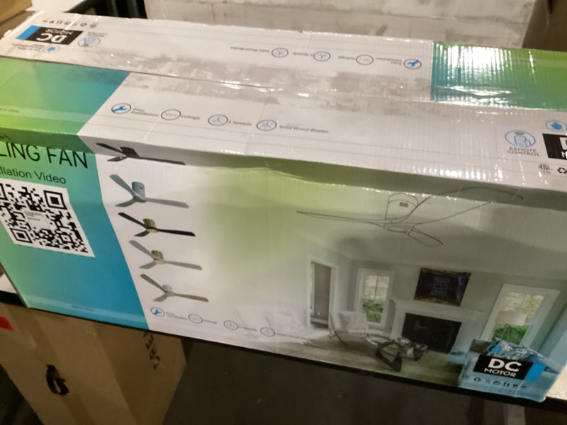 Condition photo showing Good Condition for sofucor ceiling fan without lights, 52 inch low profile flush mount mordern wood ceiling fan with remote for indoor farmhouse bedroom living room outdoor patio porch, reversible dc motor, noiseless light wood 52 inches
