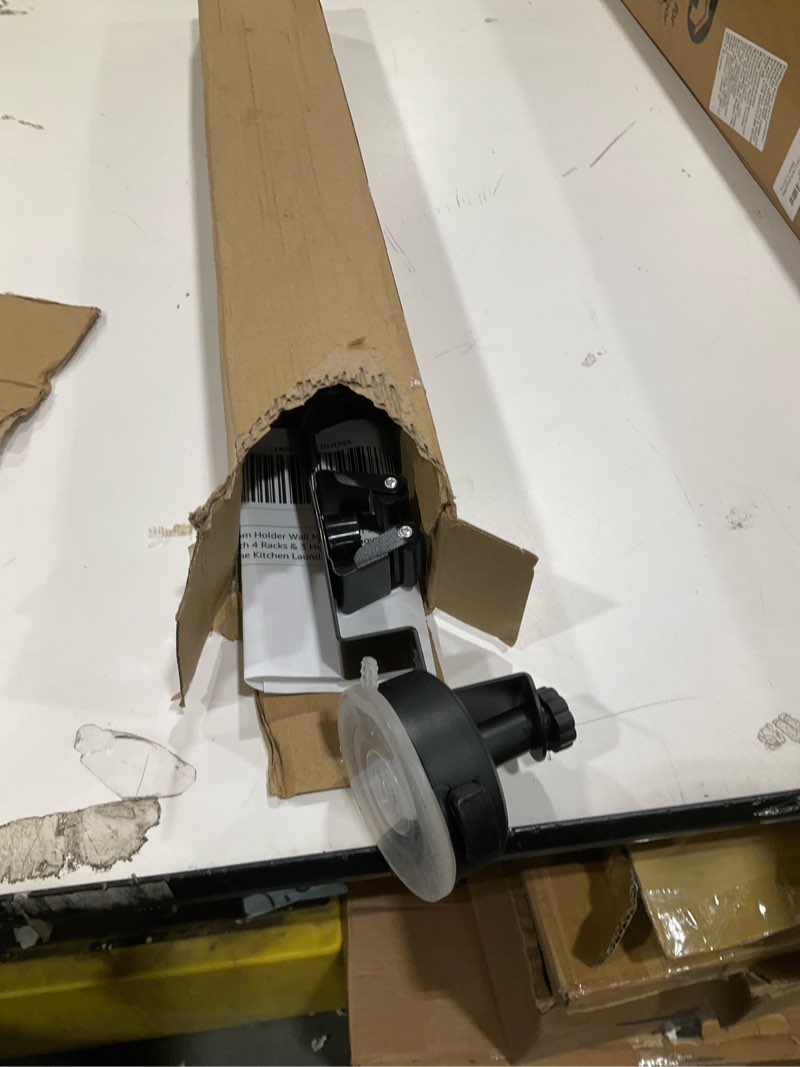 Condition photo showing Good Condition for 2026 upgrade broom holder wall mount with suction cup, broom and mop organizer wall hanging with 4 racks & 3 hooks, removable and reusable, mop and broom hanger for home kitchen laundry