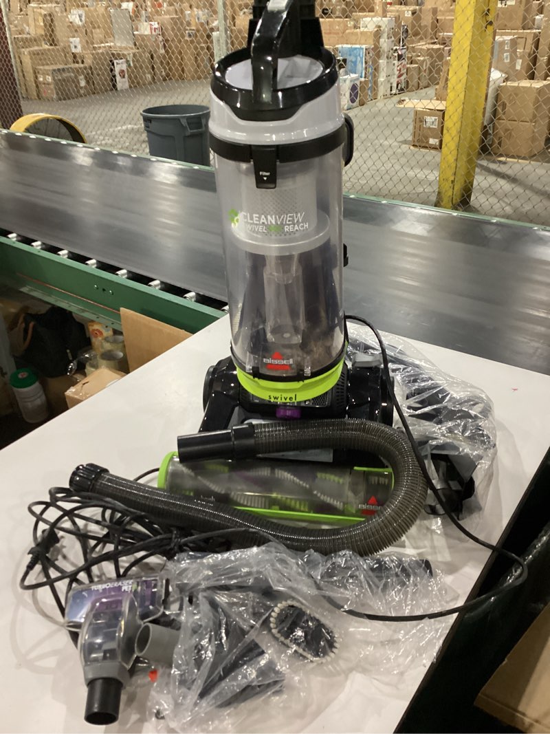 Condition photo showing As Is for *not tested* bissell 2252 cleanview swivel upright bagless vacuum with swivel steering, powerful pet hair pick up, specialized pet tools, large capacity dirt tank, easy empty green