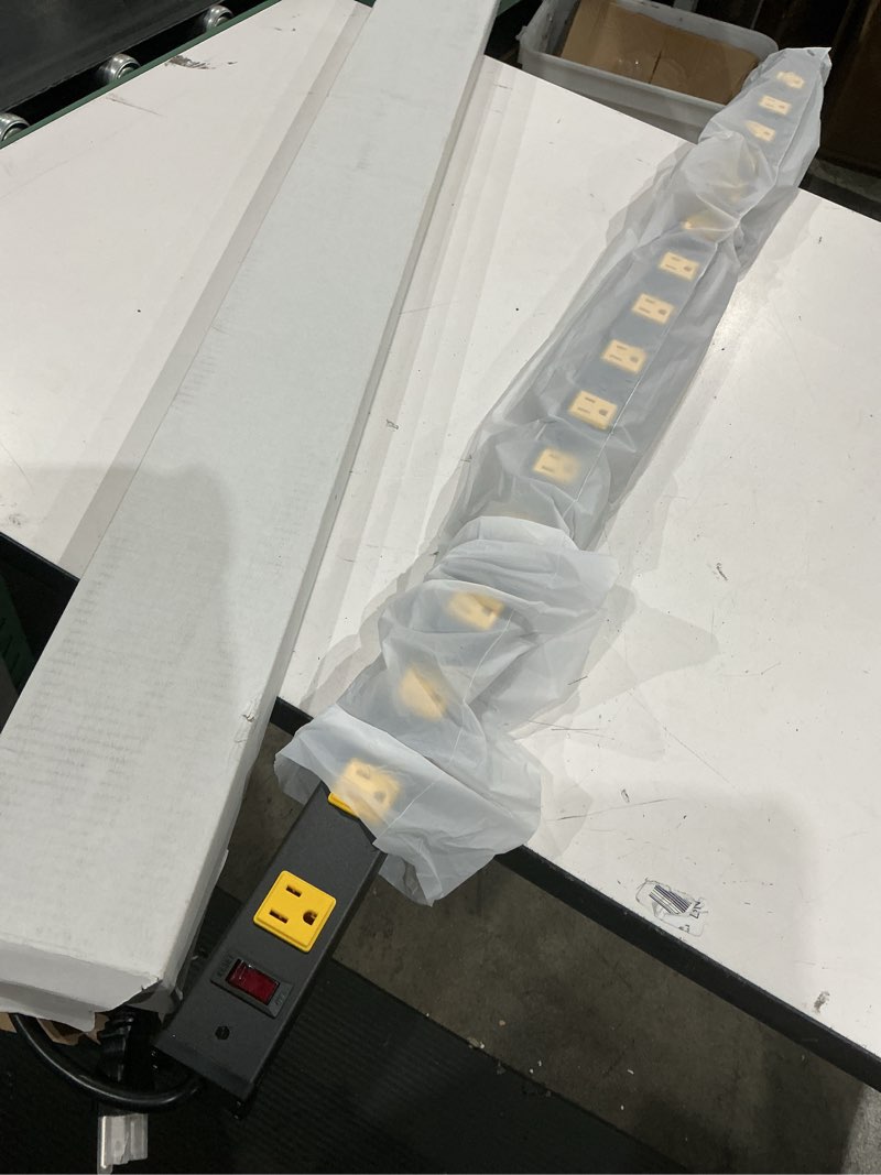 Condition photo showing As Is for junnuj long metal 16 outlet power strip, wide spaced garage industrial power strip, heavy duty power strip with 6 ft cord 15a, 125v, 1875w.