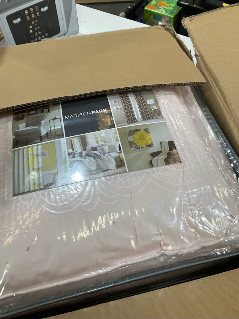 Condition photo showing Good Condition for madison park daybed cover set-trendy damask quilting with scalloped edges all season luxury bedding with bedskirt, matching shams, decorative pillow, 75"x39", tuscany blush, 6 piece 75"x39" blush
