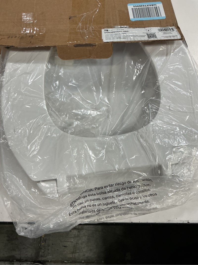 Condition photo showing New/Like New for centoco elongated toilet seat, lock in place, fast-n-lock mounting, open front with cover, commercial, plastic, made in the usa, 820stsfe-001, white elongated fast-n-lock mount