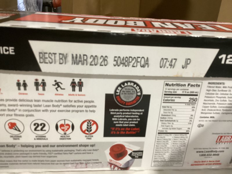 Condition photo showing New/Like New for Lean Body Protein Shake - Birthday Cake (12 Drinks, 17 Fl. Oz. Each)