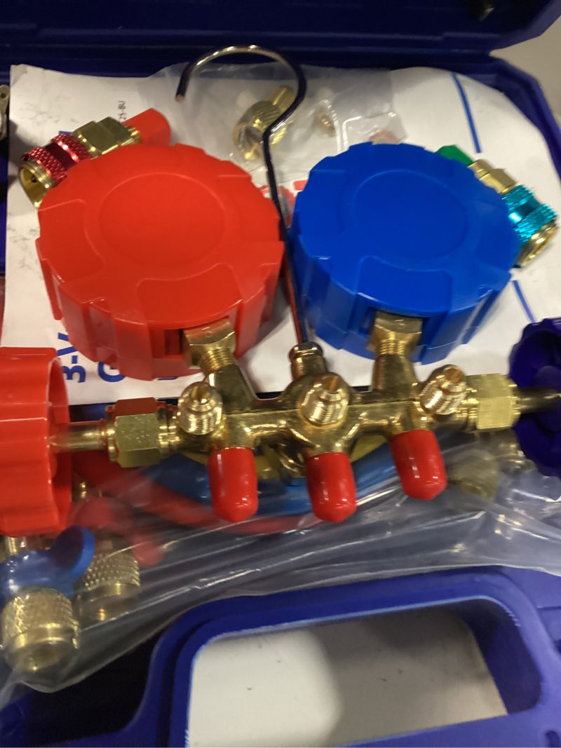 Condition photo showing New/Like New for orion motor tech 3 way ac diagnostic manifold gauge set for freon charging, fits r134a r12 r22 and r502 refrigerants, with 3ft hose, tank adapters, quick couplers and can tap