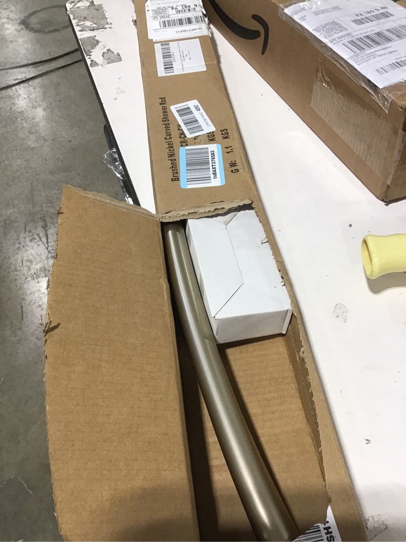 Condition photo showing As Is for Curved Shower Curtain Rod For Bathroom 38-72 Inches, Adjustable Length, Curved Shower Rod, Metal Rods&Brackets, Round Shower Curtain Rods, Rotate Bracket For Large Shower Space, Need Drilling, Nickle Brush Nickel