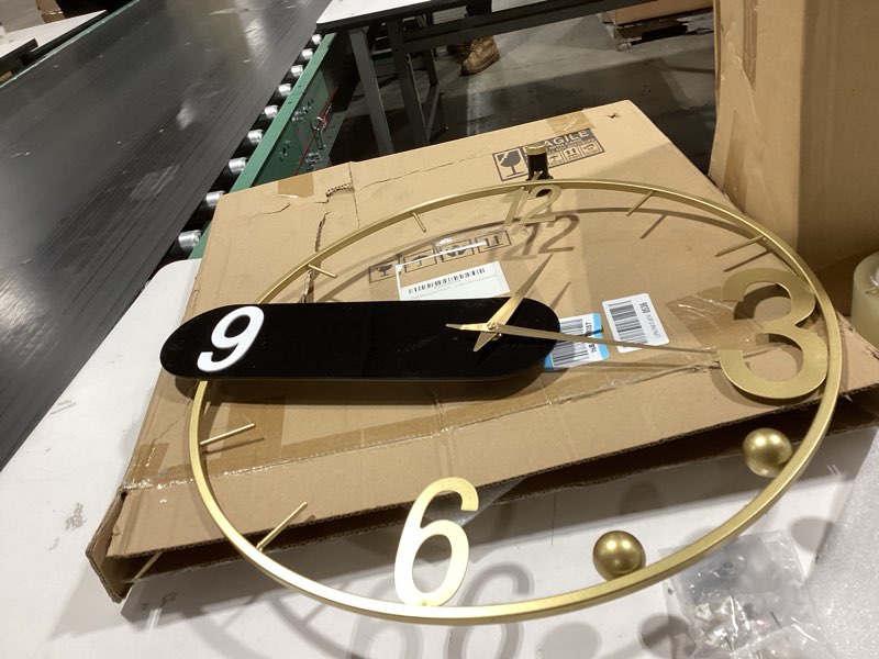 Condition photo showing As Is for Large Wall Clock 24" Round Battery Operated Wall Clock Modern Golden Digital Wall Clocks Metal Frame for Home Living Room Garden Farmhouse Office Kitchen Decoration