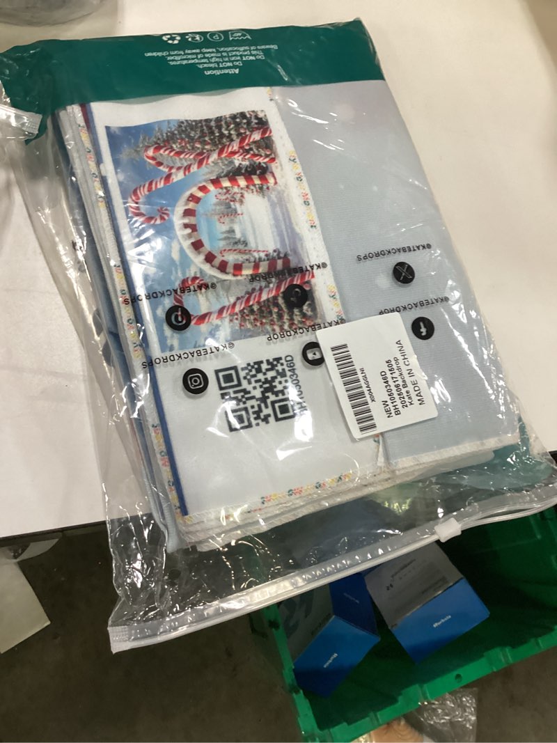 Condition photo showing New/Like New for Kate Christmas Candy Arch Photo Backdrop Christmas Outdoor Forest Snow Wooden Wall Background White Christmas Trees Photo Background Studio Props,7x5ft