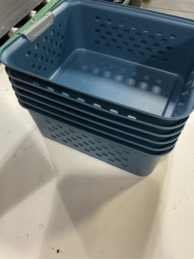 Condition photo showing Good Condition for iris usa plastic storage basket, 6-pack, medium, shelf basket storage organizer for pantry, cabinet, bedroom, closet, laundry room, eco-friendly, navy