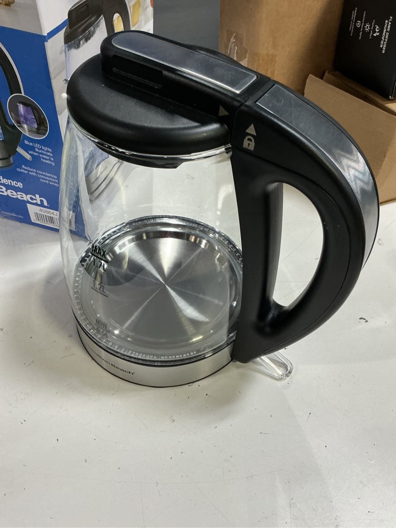 Condition photo showing As Is for hamilton beach 1.7l electric tea kettle, water boiler & heater, led indicator, built-in mesh filter, auto-shutoff & boil-dry protection, cordless serving, clear glass (40864)