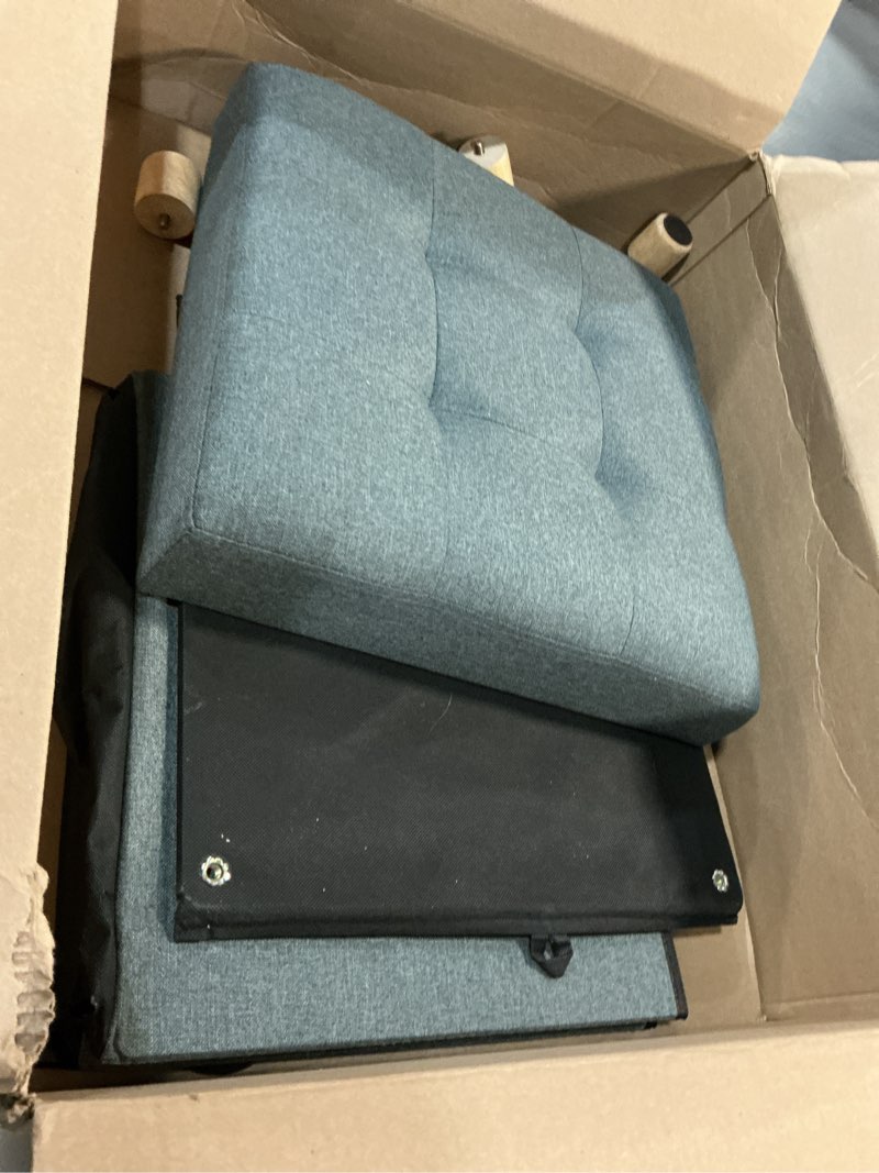 Condition photo showing Good Condition for ( similar) Foldable Storage Ottoman Footrest and Seat Cube with Wooden Feet and Lid, Light Grey 15” x15” x14.7”