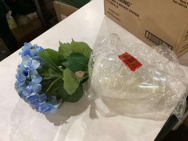 Condition photo showing New/Like New for Elements Artificial Blue Hydrangea Arrangement in White Irridescant Ceramic Vase, Realistic Look and Feel Blue Hydrangeas