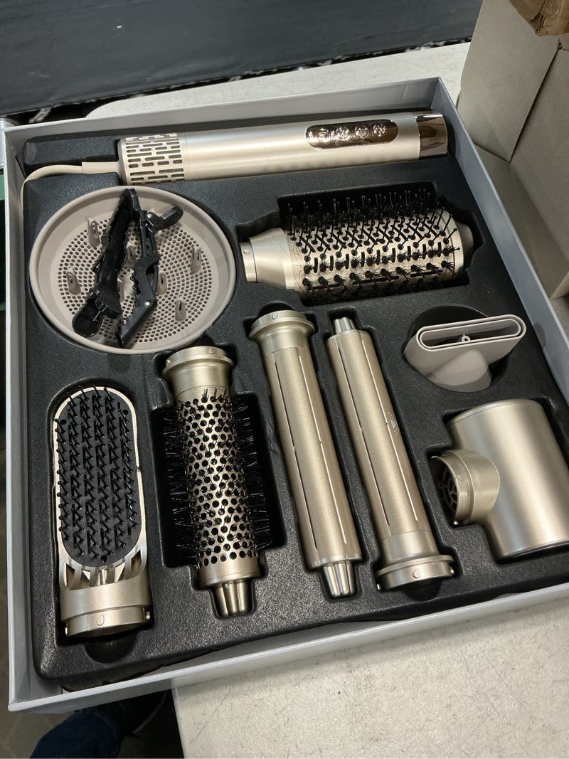 Condition photo showing As Is for 8-in-1 hot air styler & hair dryer brush set, 110,000 rpm high-speed ionic multi-styler with auto-wrap curlers, diffuser, volumizing & thermal brush for fast drying and a smooth, shiny finish 8-in-1 light gold