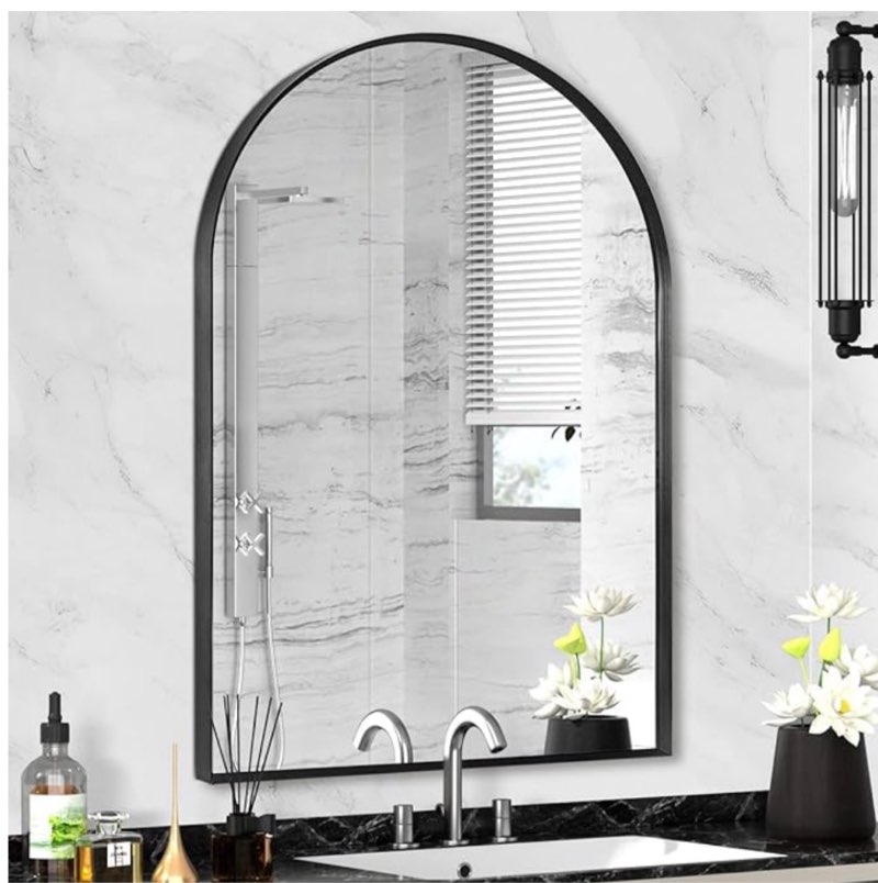  22" x 30" black arched mirror, arch wall mirror, metal frame black bathroom mirror, arched top bathroom vanity mirror for living room, bedroom, entryway, tempered glass, shatter proof