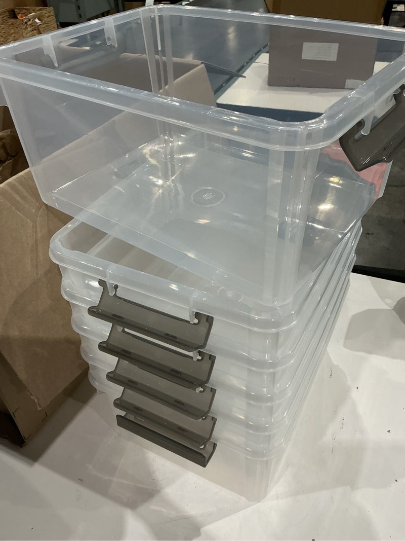 Condition photo showing As Is for clear storage bins with lids large stackable plastic (6 pack) 15.9x11.6x7.3"