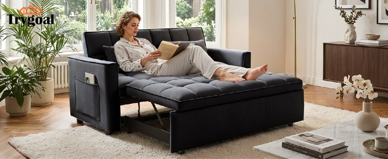 Trygonal convertible sofa bed, 5-in-1 pull out couch with side table loveseat sleeper sofas bed couch with usb port, 65” velvet pull out sofa