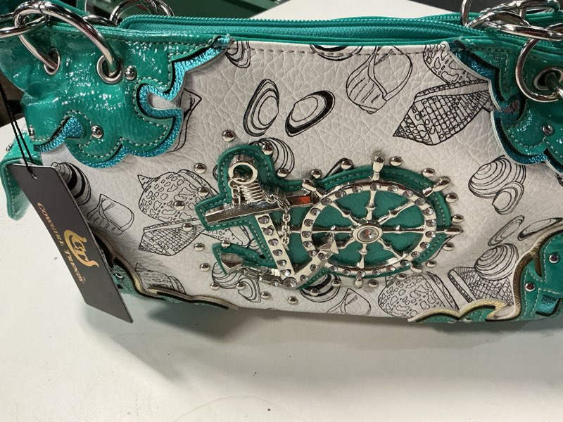 Condition photo showing New/Like New for rhinestone anchor rudder shell nautical western concealed carry purse women handbag country shoulder bag