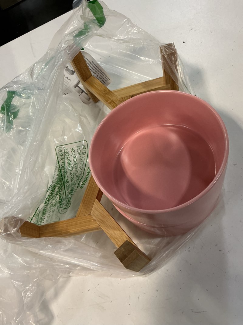 Condition photo showing Good Condition for elevated ceramic dog bowl set - raised dog bowls with non-slip bamboo stand - dog food and water bowl set - double dog feeding bowls - suitable for small and medium dogs - 28.74 oz - 3.6 cups - 850 ml medium pink
