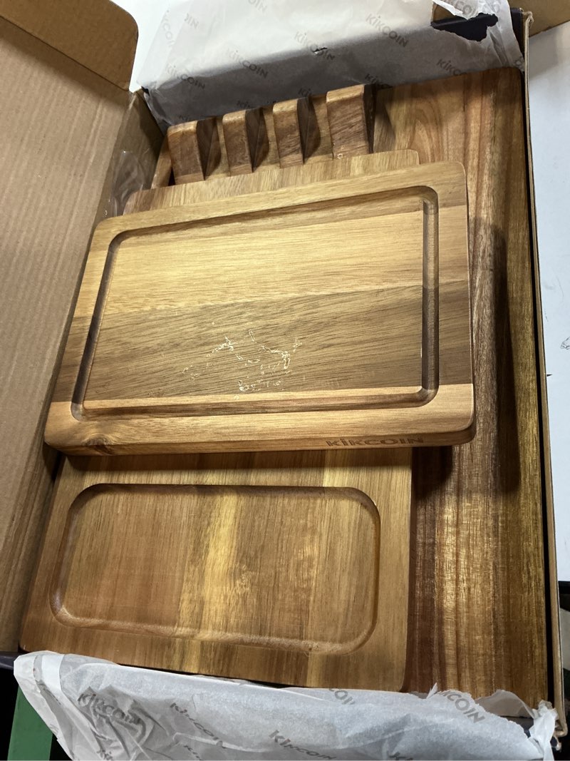 Condition photo showing Good Condition for Kikcoin Wood Cutting Boards for Kitchen, 3 PCS Wooden Cutting Board Set with Holder, Chopping Board with Built-In Compartments and Juice Groove, Solid Charcuterie Board Serving Tray Wood Butcher Block 3 Pcs Set